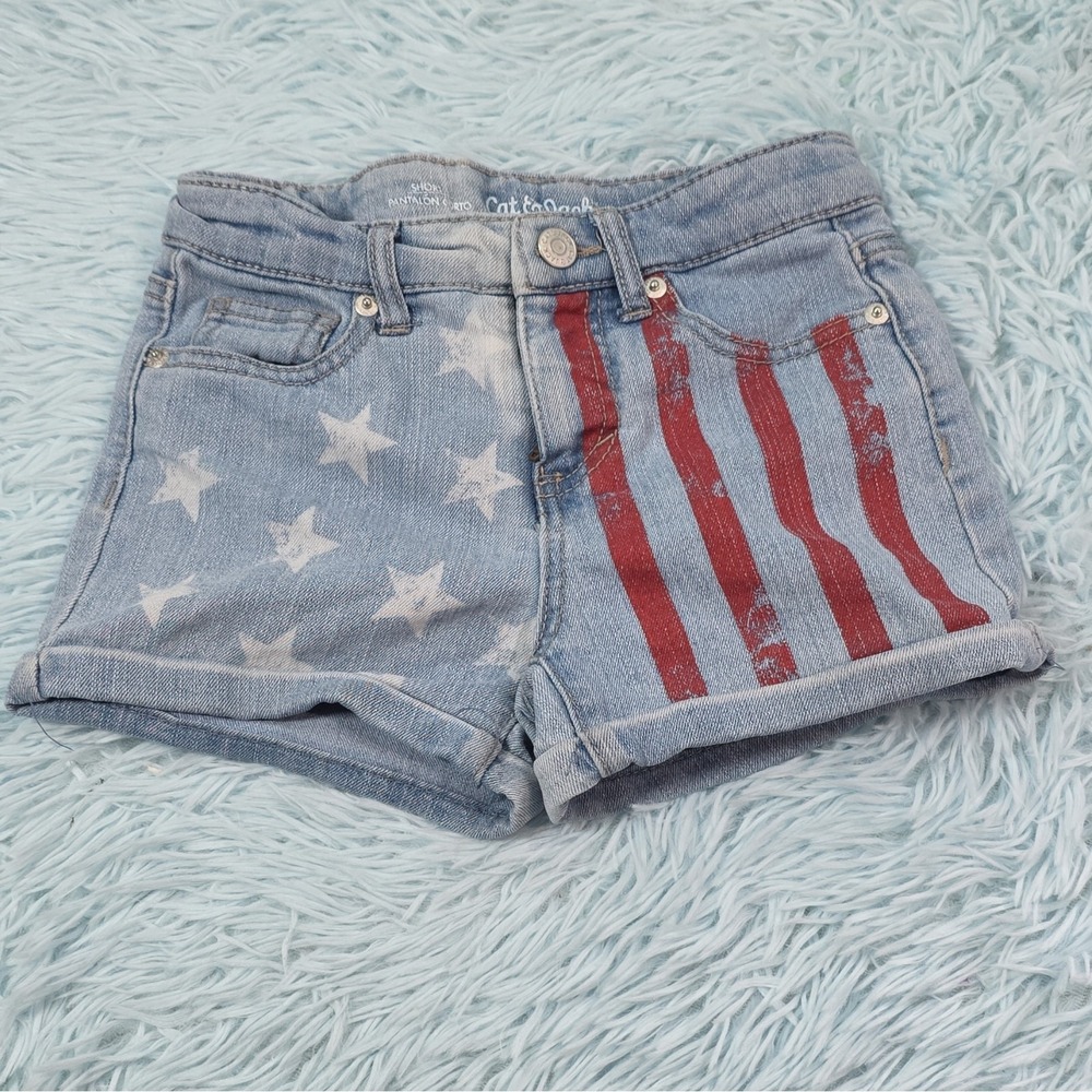 Cat & Jack Girls 6/6X Stretch Denim Shorts Patriotic Stars Flag Blue Red White